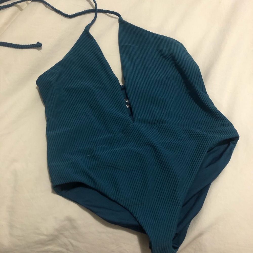Frankies full piece robbed teal bathing suit, S